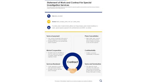 Statement Of Work And Contract For Special Investigation Services One Pager Sample Example Document