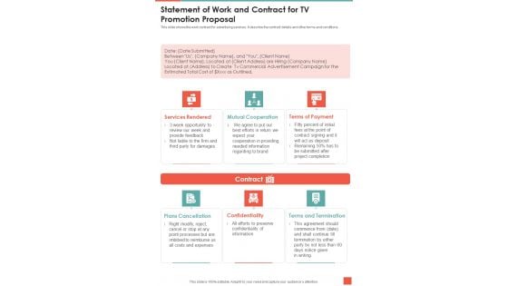 Statement Of Work And Contract For TV Promotion Proposal One Pager Sample Example Document Statement Of Work And Contract For TV Promotion Proposal One Pager Sample Example Document