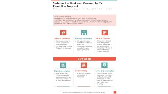 Statement Of Work And Contract For TV Promotion Proposal One Pager Sample Example Document