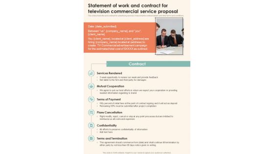 Statement Of Work And Contract For Television Commercial Service One Pager Sample Example Document