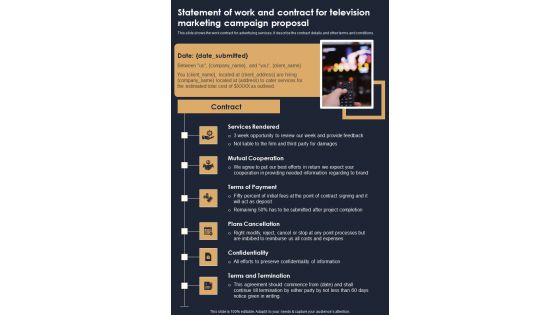 Statement Of Work And Contract For Television Marketing Campaign Proposal One Pager Sample Example Document