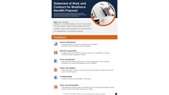 Statement Of Work And Contract For Workforce Benefits Proposal One Pager Sample Example Document Statement Of Work And Contract For Workforce Benefits Proposal One Pager Sample Example Document