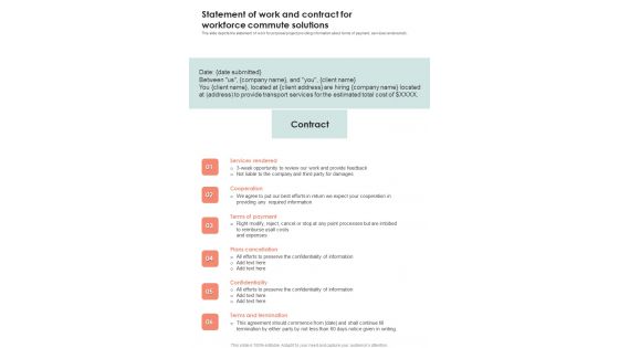 Statement Of Work And Contract For Workforce Commute Solutions One Pager Sample Example Document