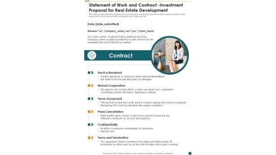 Statement Of Work And Contract Investment Proposal For Real Estate Development One Pager Sample Example Document