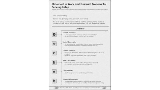 Statement Of Work And Contract Proposal For Fencing Setup One Pager Sample Example Document