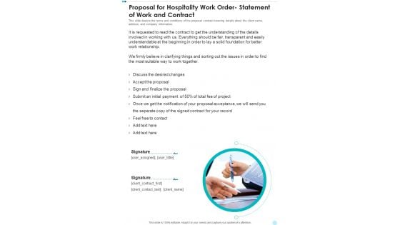 Statement Of Work And Contract Proposal For Hospitality Work Order One Pager Sample Example Document