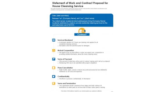 Statement Of Work And Contract Proposal For House Cleansing Service One Pager Sample Example Document