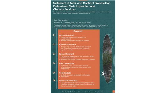 Statement Of Work And Contract Proposal For Professional Mold Inspection And Cleanup Services One Pager Sample Example Document