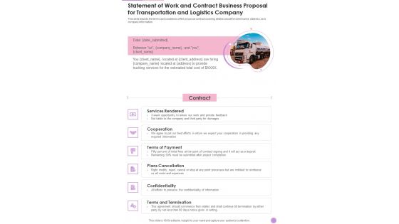 Statement Of Work Business Proposal For Transportation And Logistics One Pager Sample Example Document Statement Of Work Business Proposal For Transportation And Logistics One Pager Sample Example Document