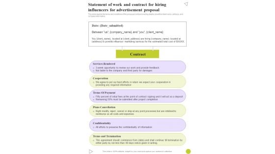 Statement Of Work Contract For Hiring Influencers Advertisement Proposal One Pager Sample Example Document Statement Of Work Contract For Hiring Influencers Advertisement Proposal One Pager Sample Example Document