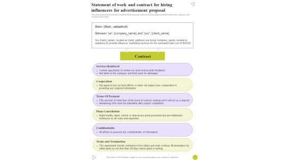 Statement Of Work Contract For Hiring Influencers Advertisement Proposal One Pager Sample Example Document