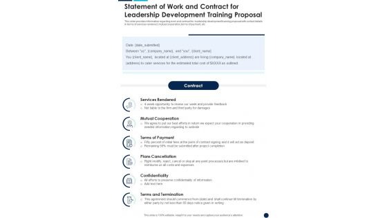 Statement Of Work Contract Leadership Development Training Proposal One Pager Sample Example Document