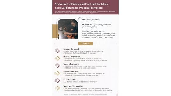 Statement Of Work Contract Music Carnival Financing Proposal Template One Pager Sample Example Document