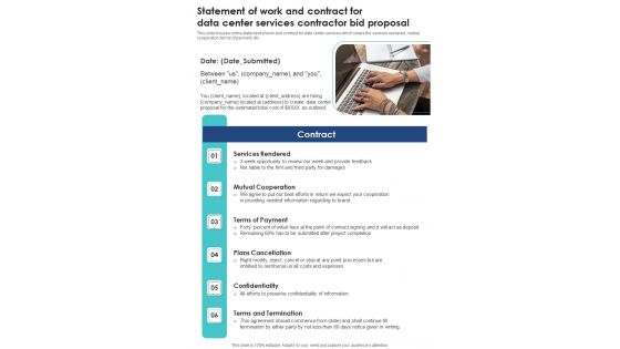 Statement Of Work Data Center Services Contractor Bid Proposal One Pager Sample Example Document