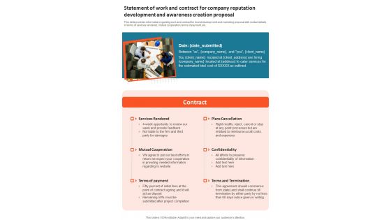 Statement Of Work For Company Reputation Development And Awareness Creation One Pager Sample Example Document Statement Of Work For Company Reputation Development And Awareness Creation One Pager Sample Example Document