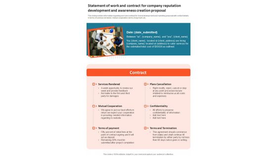 Statement Of Work For Company Reputation Development And Awareness Creation One Pager Sample Example Document