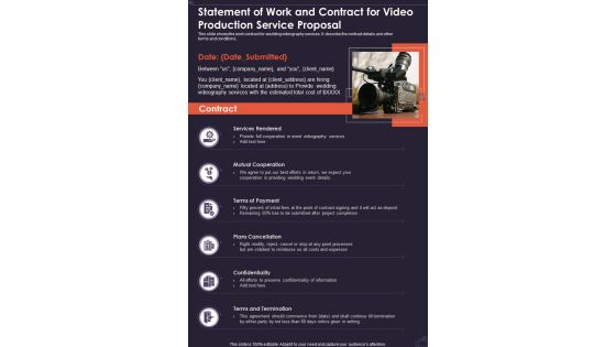 Statement Of Work For Video Production Service Proposal One Pager Sample Example Document