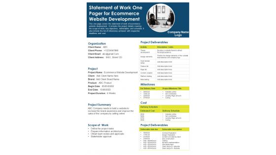 Statement Of Work One Pager For Ecommerce Website Development PDF Document PPT Template