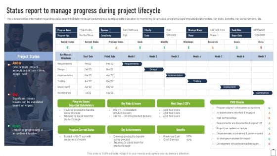 Status Report To Manage Progress During Project Managers Playbook Topics PDF