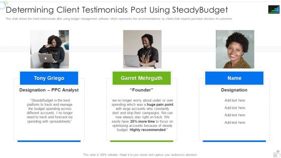 Steadybudget Capital Raising Elevator Determining Client Testimonials Post Using Steadybudget Brochure PDF
