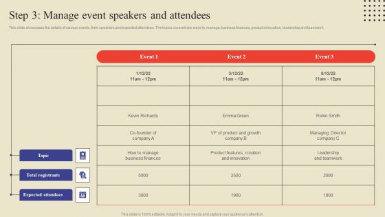 Step 3 Manage Event Speakers And Attendees Ppt Slides Microsoft PDF Step 3 Manage Event Speakers And Attendees Ppt Slides Microsoft PDF