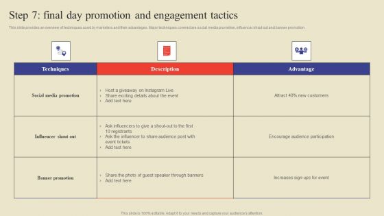 Step 7 Final Day Promotion And Engagement Tactics Ppt Inspiration Visuals PDF Step 7 Final Day Promotion And Engagement Tactics Ppt Inspiration Visuals PDF