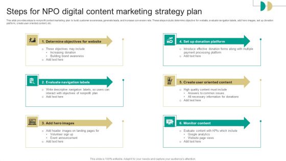 Steps For Npo Digital Content Marketing Strategy Plan Formats PDF