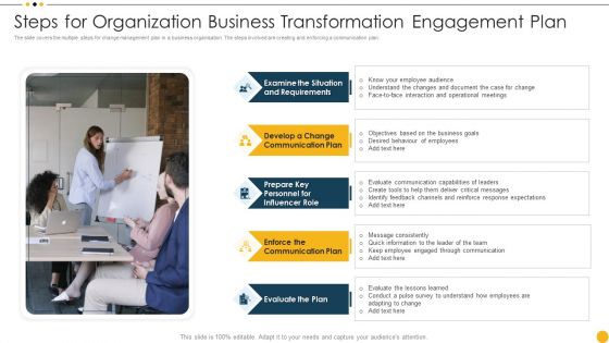 Steps For Organization Business Transformation Engagement Plan Ppt Infographic Template PDF