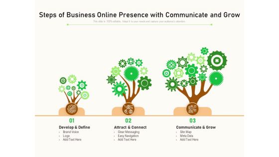 Steps Of Business Online Presence With Communicate And Grow Ppt PowerPoint Presentation File Master Slide PDF