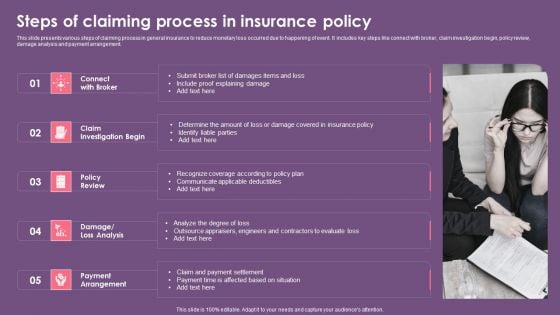 Steps Of Claiming Process In Insurance Policy Ppt PowerPoint Presentation File Master Slide PDF