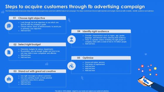 Steps To Acquire Customers Through Fb Advertising Campaign Mockup PDF