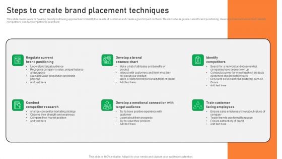 Steps To Create Brand Placement Techniques Ppt Show Format PDF