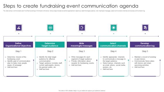 Steps To Create Fundraising Event Communication Agenda Introduction PDF