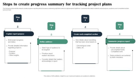 Steps To Create Progress Summary For Tracking Project Plans Icons PDF