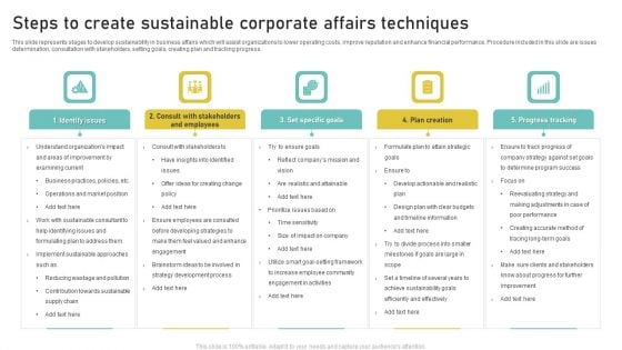 Steps To Create Sustainable Corporate Affairs Techniques Portrait PDF Steps To Create Sustainable Corporate Affairs Techniques Portrait PDF