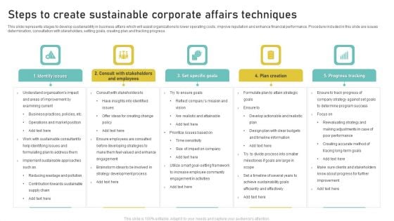 Steps To Create Sustainable Corporate Affairs Techniques Portrait PDF