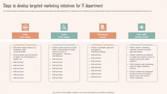 Steps To Develop Targeted Marketing Initiatives For IT Department Ppt PowerPoint Presentation File Outline PDF Steps To Develop Targeted Marketing Initiatives For IT Department Ppt PowerPoint Presentation File Outline PDF