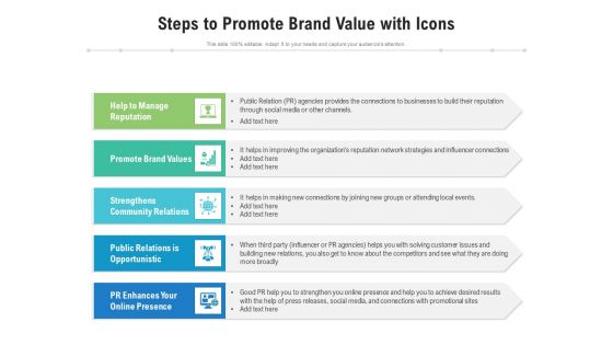 Steps To Promote Brand Value With Icons Ppt PowerPoint Presentation Slides Graphic Tips PDF