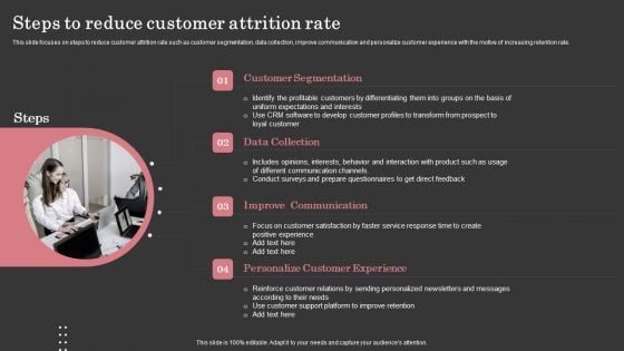 Steps To Reduce Customer Attrition Rate Ppt File Formats PDF