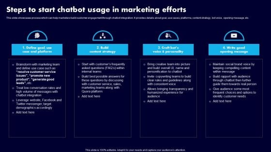 Steps To Start Chatbot Usage In Marketing Efforts Ppt Inspiration Slide Portrait PDF Steps To Start Chatbot Usage In Marketing Efforts Ppt Inspiration Slide Portrait PDF