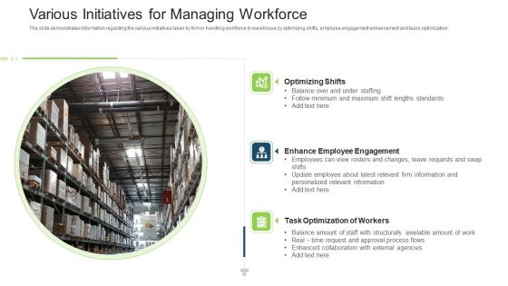 Stock Control System Various Initiatives For Managing Workforce Ppt Styles Outline PDF