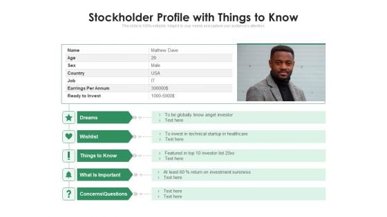 Stockholder Profile With Things To Know Ppt PowerPoint Presentation Model Show PDF Stockholder Profile With Things To Know Ppt PowerPoint Presentation Model Show PDF