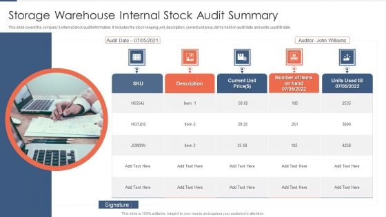 Storage Warehouse Internal Stock Audit Summary Demonstration PDF