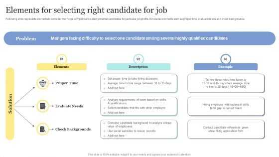 Strategic Approaches To Efficient Candidate Selection Elements For Selecting Right Candidate For Job Infographics PDF