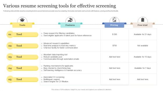 Strategic Approaches To Efficient Candidate Selection Various Resume Screening Tools For Effective Screening Structure PDF