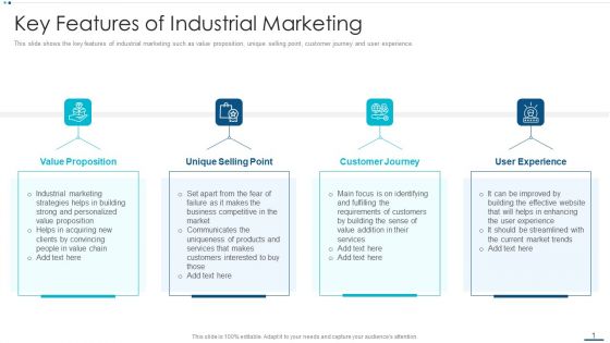 Strategic B2B Marketing Plan Key Features Of Industrial Marketing Icons PDF