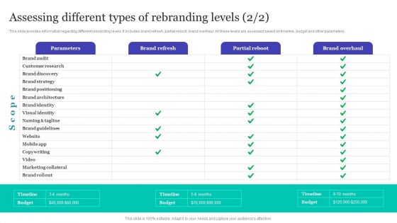 Strategic Brand Refreshing Actions Assessing Different Types Of Rebranding Levels Professional PDF