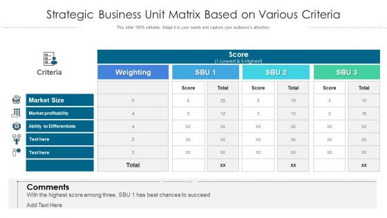 Strategic Business Unit Matrix Based On Various Criteria Ppt Infographics Inspiration PDF