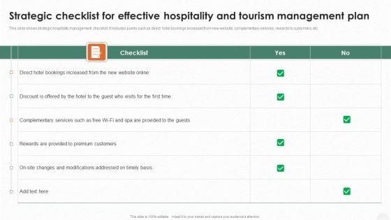 Strategic Checklist For Effective Hospitality And Tourism Management Plan Mockup PDF