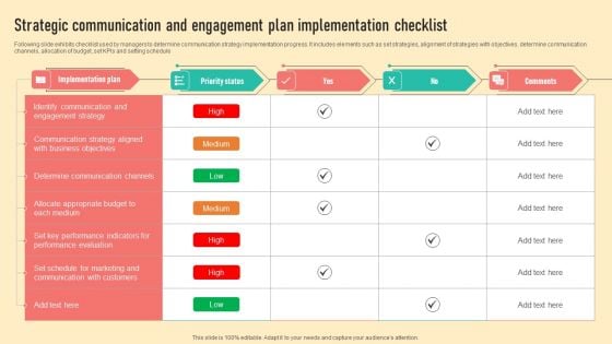 Strategic Communication And Engagement Plan Implementation Checklist Sample PDF